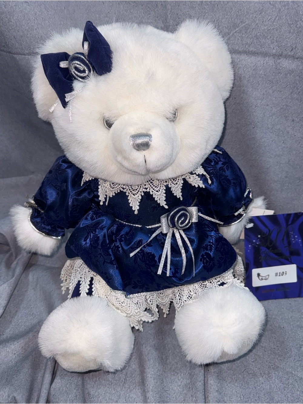 Limited edition millennial vintage Plush White Bear in Navy Blue Lace Dress
